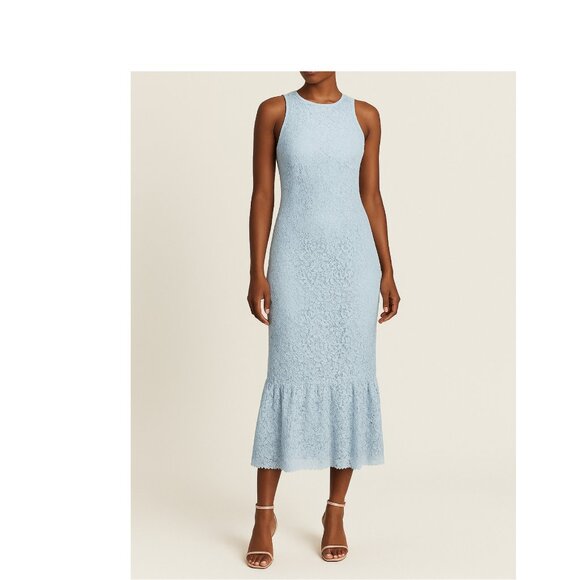 Sky Blue Lace Midi Dress with Ruffle Hem – Wedding Guest / Cocktail - Picture 2 of 4